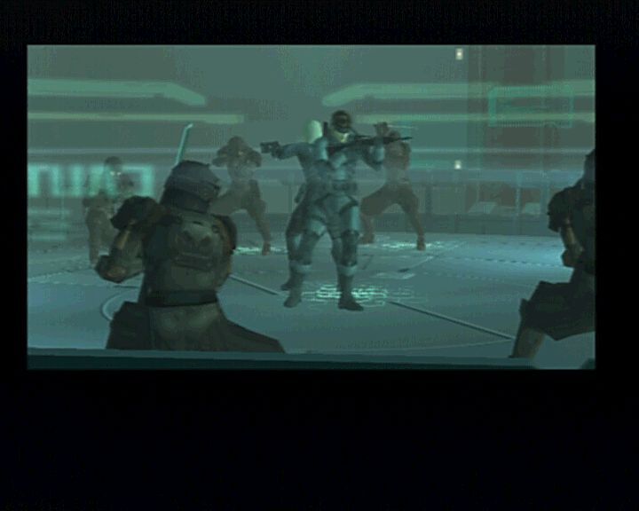 Metal Gear Solid 2: Sons of Liberty (PlayStation 2) screenshot: Main Episode - Raiden and Snake surrounded by special forces