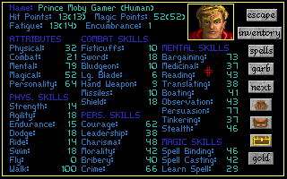 Challenge of the Five Realms (DOS) screenshot: Stats and some possible actions