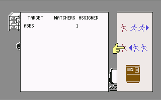 the Fourth Protocol (Commodore 64) screenshot: I have assigned 1 watcher on a person named Abbs.