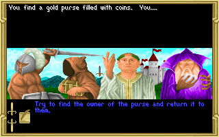 Challenge of the Five Realms (DOS) screenshot: Ultima-style, answer questions to determine your stats.