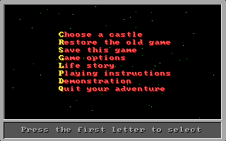 Clyde's Adventure (DOS) screenshot: Main menu