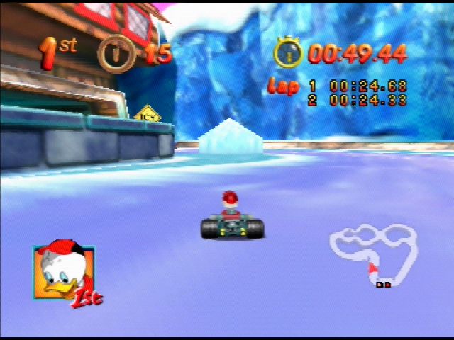 Mickey's Speedway USA (Nintendo 64) screenshot: You can shave some time off if you drive between the ice and the wall!