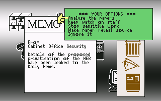 the Fourth Protocol (Commodore 64) screenshot: There has been a sensitive leak to the papers. What do you want to do about it?