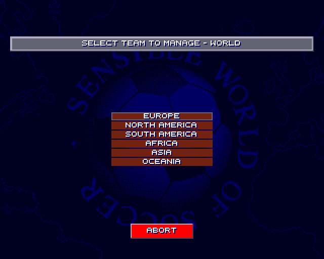 Sensible World of Soccer (Amiga) screenshot: Selecting continent