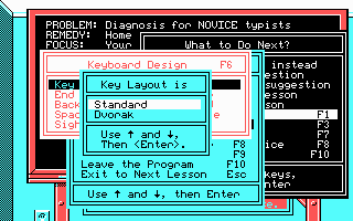 Mavis Beacon Teaches Typing! (DOS) screenshot: Selecting the Key Layout (Standard or Dvorak)