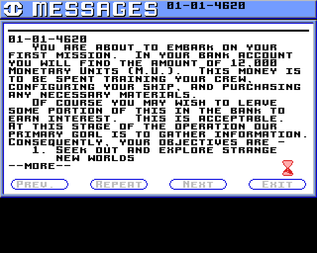 Starflight (Amiga) screenshot: The first bulletin