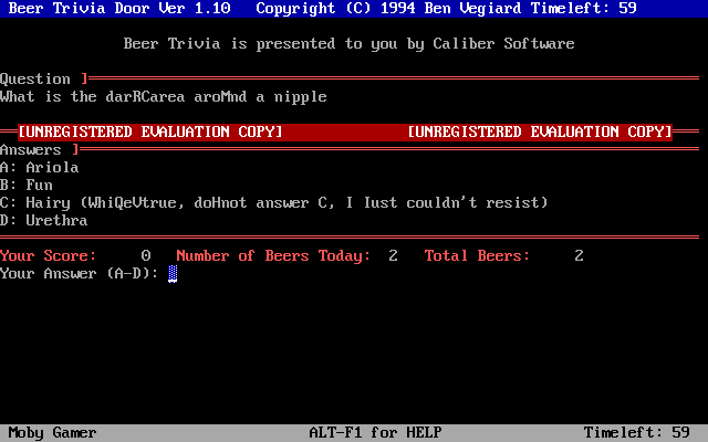 Beer Trivia (DOS) screenshot: Drunkenness takes its toll