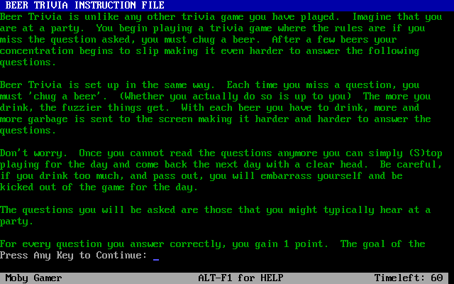 Beer Trivia (DOS) screenshot: Instructions
