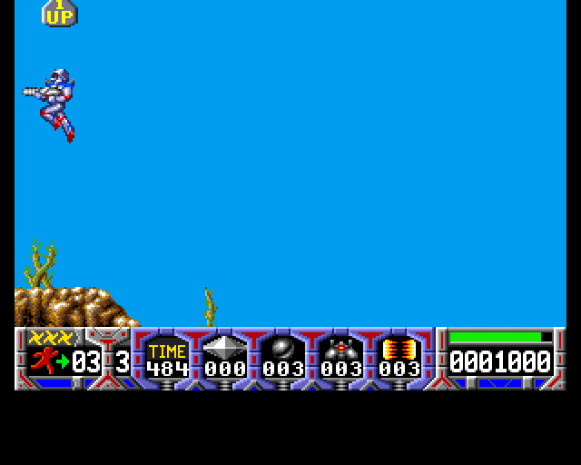 Turrican (Amiga) screenshot: Right after beginning: Go to extreme left and JUMP