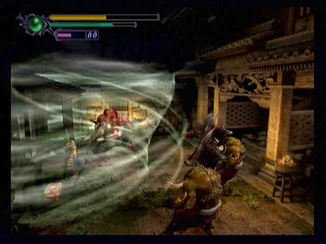 Onimusha: Warlords (PlayStation 2) screenshot: There's no place like home... Even these giant, axe wielding creatures are no match for a well-empowered special attack.