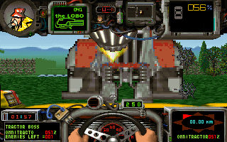 Quarantine II: Road Warrior (DOS) screenshot: Fighting the Tractor Boss.