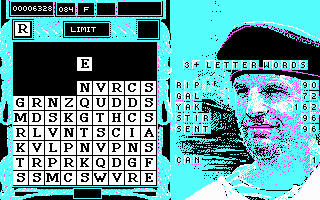 Wordtris (DOS) screenshot: The bottom is all filled up and my options are shrinking. (CGA)