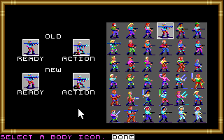 Buck Rogers: Matrix Cubed (DOS) screenshot: Choosing your character sprite. Cool, isn't it?