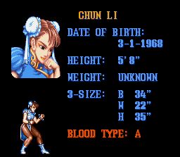 Street Fighter II (SNES) screenshot: Character info for the deadliest chick on the block: Chun Li