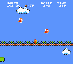 Super Mario Bros. (NES) screenshot: Cheep-cheeps can be found jumping through the air, too.