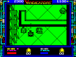 Vindicators (ZX Spectrum) screenshot: After losing a life a tank is brought back into the same position. The score is not lost or decreased, and the fuel tanks are full