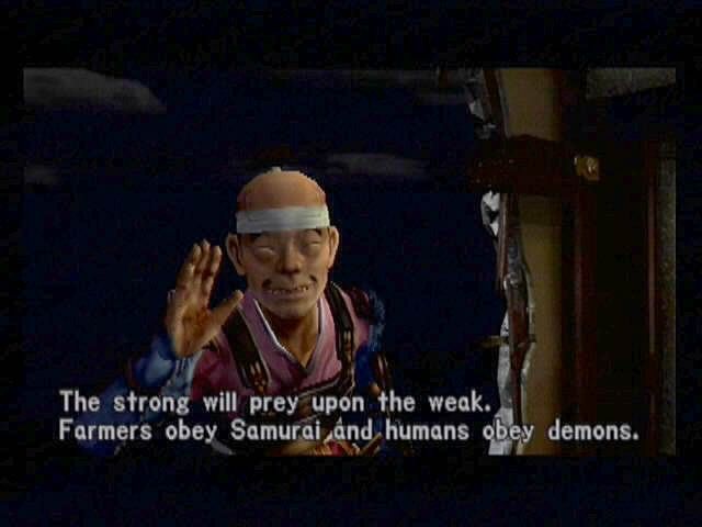 Onimusha: Warlords (PlayStation 2) screenshot: The philosophy of the Taiko. The future Toyotomi Hideyoshi makes an appearance as Nobunaga's lieutenant.