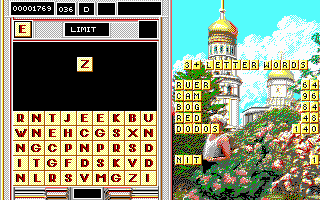 Wordtris (DOS) screenshot: The bottom is all filled up and my options are shrinking. (EGA)