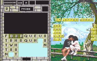 Wordtris (DOS) screenshot: The screen fills up quickly. (VGA)