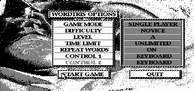Wordtris (DOS) screenshot: Main menu (Hercules)