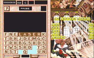 Wordtris (DOS) screenshot: Bigger points for longer words help you advance levels. (VGA)