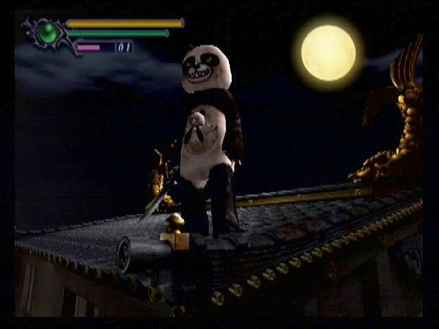 Onimusha: Warlords (PlayStation 2) screenshot: Demons are a cowardly, superstitious lot. Samanosuke, aka Pandaman, strikes a heroic pose against the night sky.