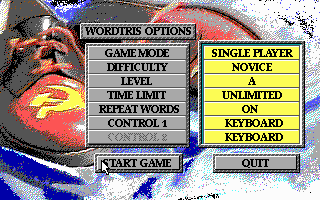 Wordtris (DOS) screenshot: Main menu (EGA)