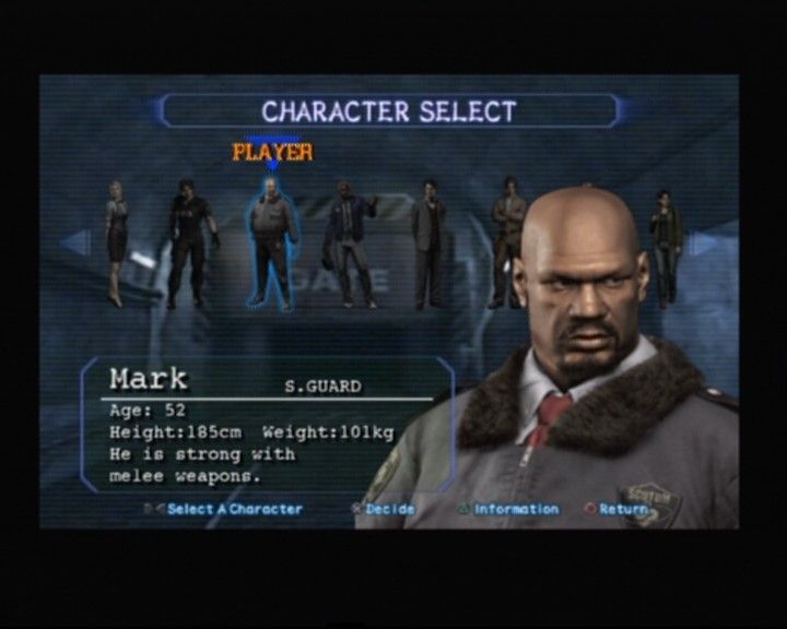 Resident Evil: Outbreak (PlayStation 2) screenshot: Character selection, Mark