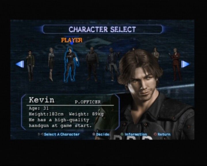 Resident Evil: Outbreak (PlayStation 2) screenshot: Character selection, Kevin