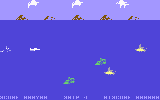 Aquaplane (Commodore 64) screenshot: Avoid the floating logs and tug boats.