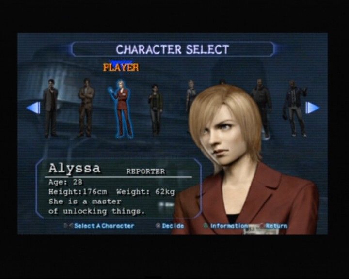 Resident Evil: Outbreak (PlayStation 2) screenshot: Character selection, Alyssa