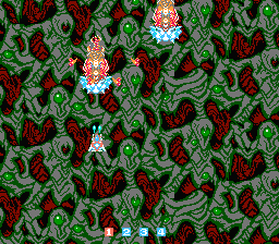 ImageFight (NES) screenshot: This level looks... creepy. Evil plants are shooting little red things at me