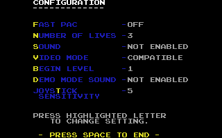 Pac PC II (DOS) screenshot: Configuration screen