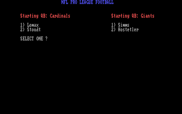 NFL Pro League Football (DOS) screenshot: Starting quarterback?