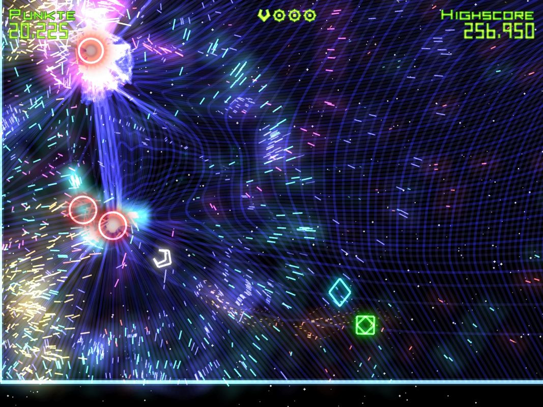 Geometry Wars: Retro Evolved (Windows) screenshot: Two wormholes found themselves and are now combined and more powerful.