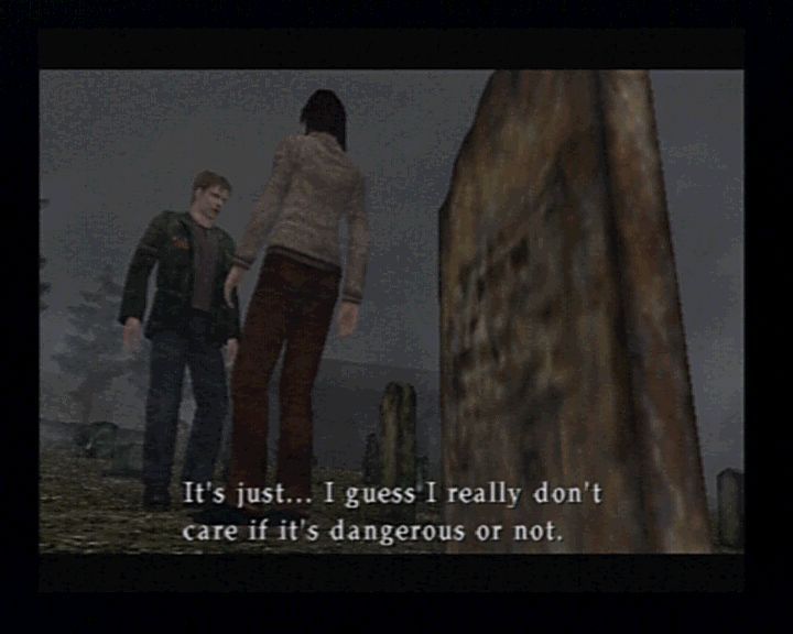 Silent Hill 2 (PlayStation 2) screenshot: Guess our hero is determined to seek some answers no matter what lurks in the bushes.