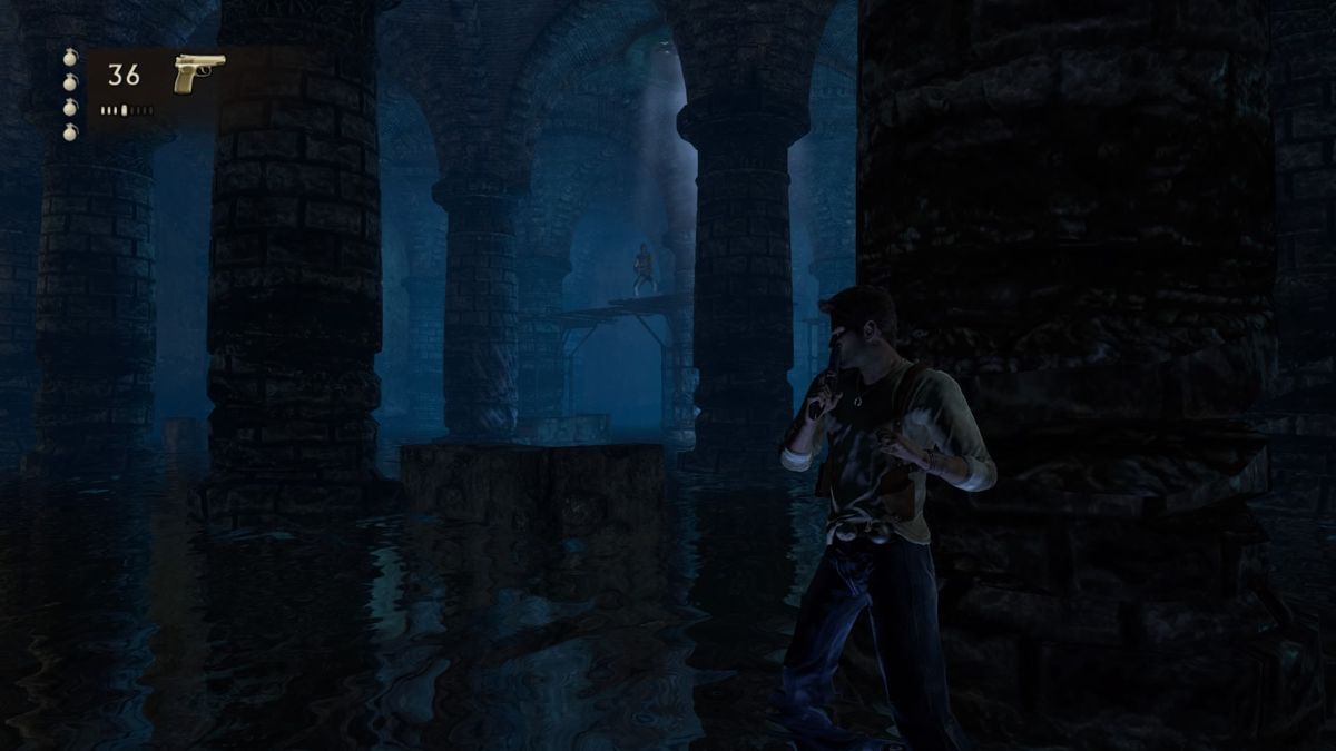 Uncharted: Drake's Fortune (PlayStation 4) screenshot: Sneaking through the sewers