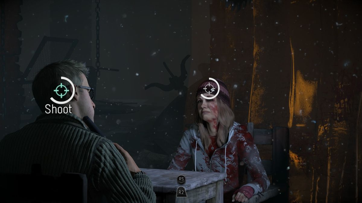 Until Dawn (PlayStation 4) screenshot: Give your life to save the girl you love, or shoot her and save yourself