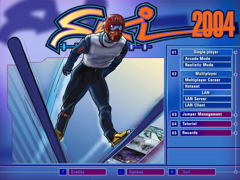 Ski Jumping 2004 (Windows) screenshot: Title screen and main menu