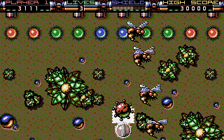 Killing Machine (Atari ST) screenshot: With activated shield flying is quite relaxed as no damage is taken