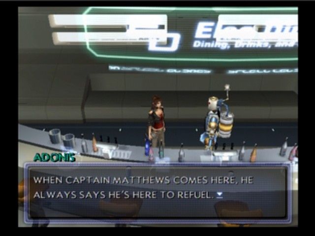 Xenosaga: Episode II - Jenseits von Gut und Böse (PlayStation 2) screenshot: Shion's talking to a barman droid onboard Elsa