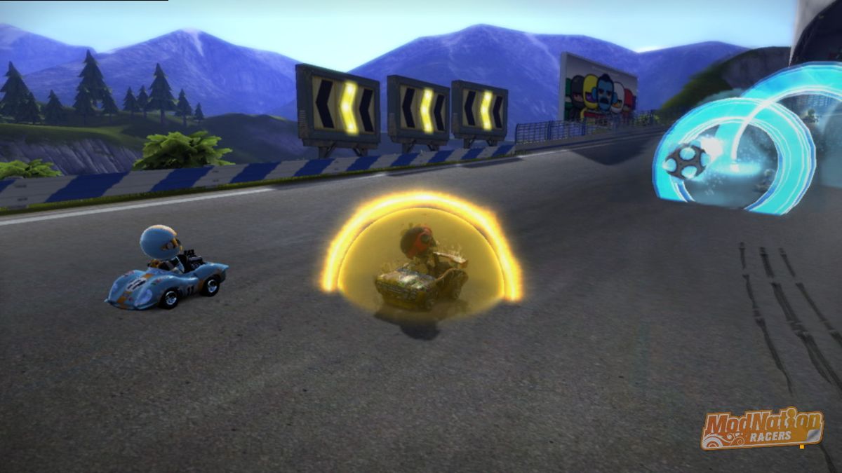 ModNation Racers (PlayStation 3) screenshot: Using shield to protect myself from opponent's weapon (in-game photo mode)