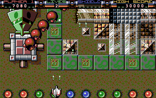 Killing Machine (Atari ST) screenshot: A huge ship and another formation attacking from the left