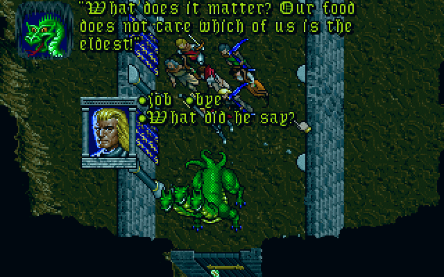 Ultima VII: The Black Gate (DOS) screenshot: The Avatar chats with a hungry, hungry Hydra