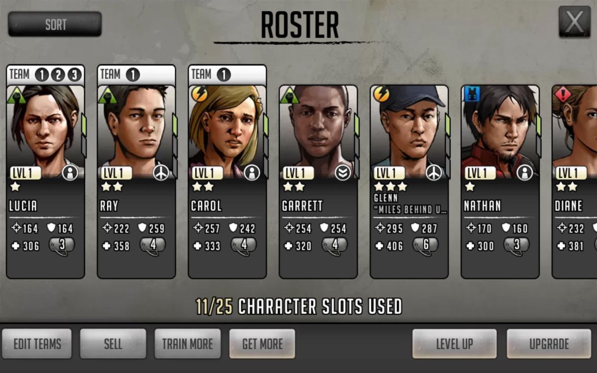 The Walking Dead: Road to Survival (Android) screenshot: My roster of characters