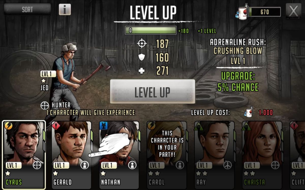 The Walking Dead: Road to Survival (Android) screenshot: Level up screen for a single character