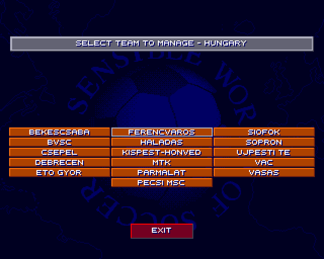 Sensible World of Soccer (Amiga) screenshot: Selecting team to play and manage