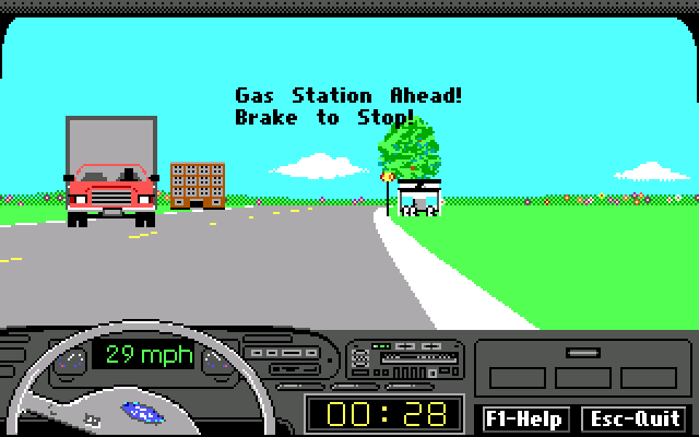 Ford Simulator III (DOS) screenshot: Gas station ahead!