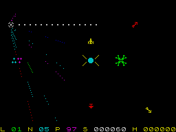 The Black Hole (ZX Spectrum) screenshot: Bullets go straight until they get near the black hole