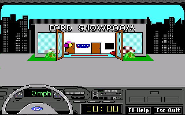 Ford Simulator III (DOS) screenshot: Leaving car showroom.
